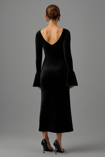 Robe longue formelle à manches longues en velours fourreau noir à col en V